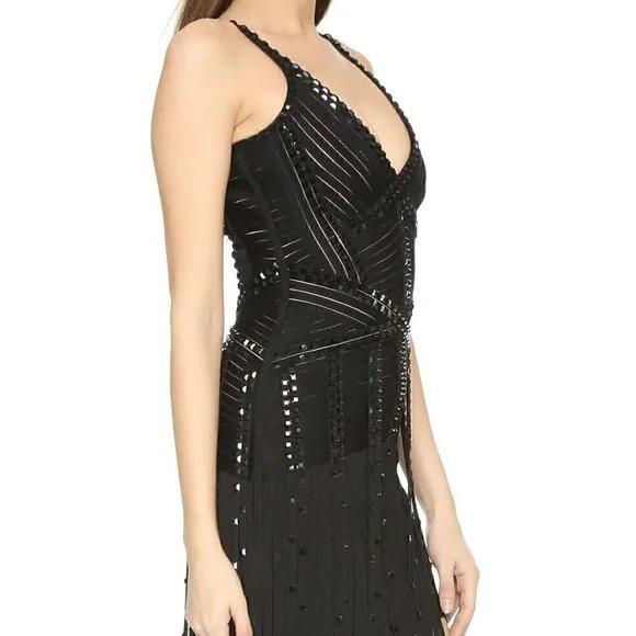 💕herve Leger Jadelyn Black Beaded Fringe Cocktail Dress. - Picture 4 of 10